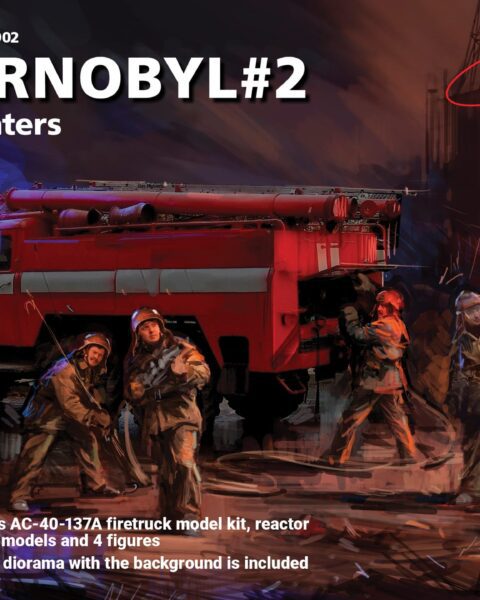 CHERNOBYL#2. FIRE FIGHTERS (AC-40-137A FIRETRUCK & 4 FIGURES & DIORAMA BASE WITH BACKGROUND) Scala 1:35 ICM 35902