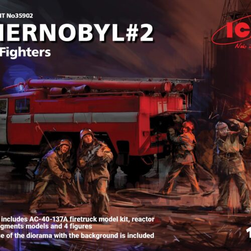 CHERNOBYL#2. FIRE FIGHTERS (AC-40-137A FIRETRUCK & 4 FIGURES & DIORAMA BASE WITH BACKGROUND) Scala 1:35 ICM 35902