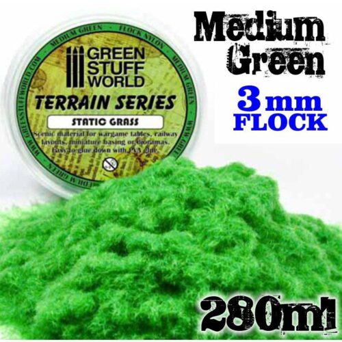 9067 STATIC GRASS FLOCK 3 MM – MEDIUM GREEN – 280 ML GREEN STUFF WORLD