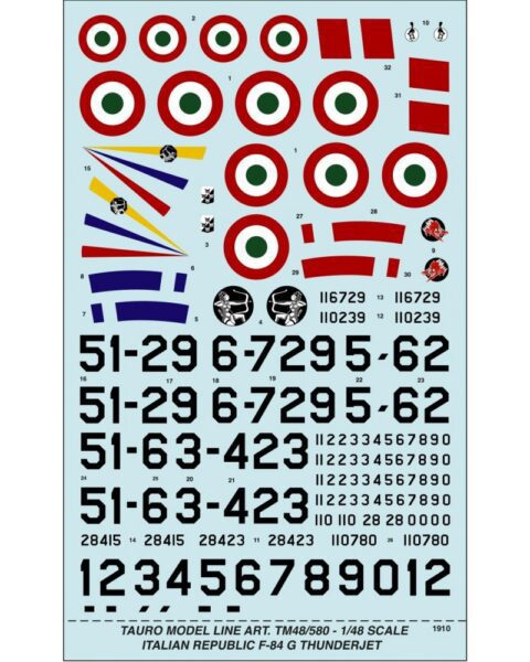 Decalcomanie Republic F-84G Thunderjet, Italian Insigna - Tauro Model scala 1-32 TU48580