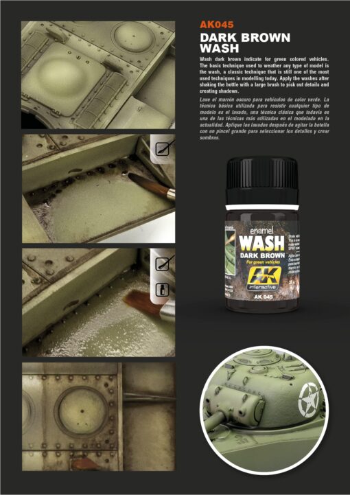 AK045 DARK BROWN WASH FOR GREEN VEHICLES; 35ml AK INTERACTIVE - immagine 3